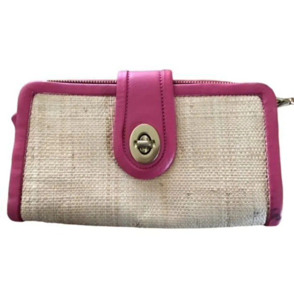 AUTH Coach Spring/Summer Straw Woven Clutch/Wallet Pink/Beige #0060 VINTAGE Y2K